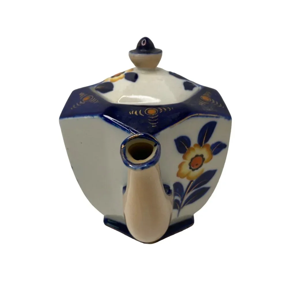 Moriyama ceramic hexagonal teapot with lid cobalt blue floral hand painted Japan